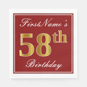 Serviette En Papier Elégant Rouge, Faux Gold 58ème Anniversaire + Nom 