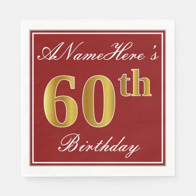 Serviette En Papier Elégant Rouge, Faux Gold 60e Anniversaire + Nom pe (Devant)