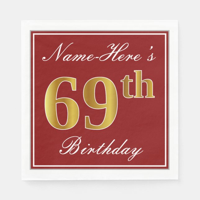 Serviette En Papier Elégant Rouge, Faux Gold 69e Anniversaire + Nom pe (Devant)