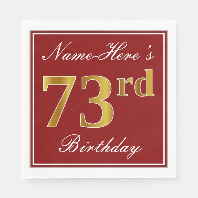 Serviette En Papier Elégant Rouge, Faux Gold 73e anniversaire + Nom pe (Devant)