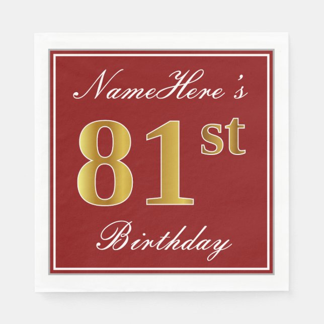 Serviette En Papier Elégant Rouge, Faux Gold 81ème Anniversaire + Nom  (Devant)