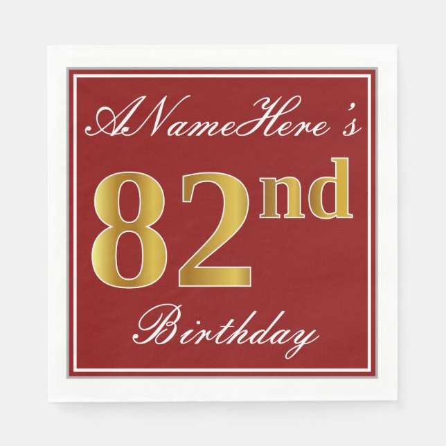 Serviette En Papier Elégant Rouge, Faux Gold 82ème Anniversaire + Nom  (Devant)