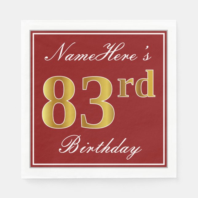 Serviette En Papier Elégant Rouge, Faux Gold 83ème Anniversaire + Nom  (Devant)