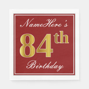 Serviette En Papier Elégant Rouge, Faux Gold 84e anniversaire + Nom p