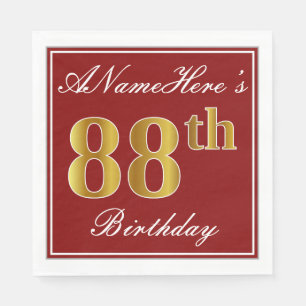 Serviette En Papier Elégant Rouge, Faux Gold 88e anniversaire + Nom p
