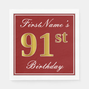 Serviette En Papier Elégant Rouge, Faux Gold 91ème Anniversaire + Nom 