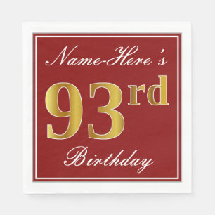 Serviette En Papier Elégant Rouge, Faux Gold 93ème Anniversaire + Nom 