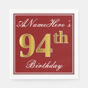 Serviette En Papier Elégant Rouge, Faux Gold 94ème Anniversaire + Nom 
