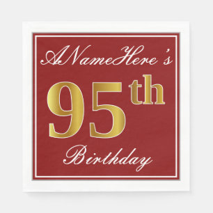 Serviette En Papier Elégant Rouge, Faux Gold 95ème Anniversaire + Nom