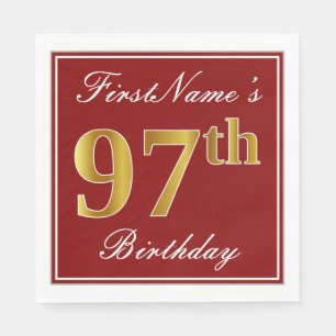 Serviette En Papier Elégant Rouge, Faux Gold 97ème Anniversaire + Nom 