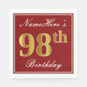 Serviette En Papier Elégant Rouge, Faux Gold 98e anniversaire + Nom p