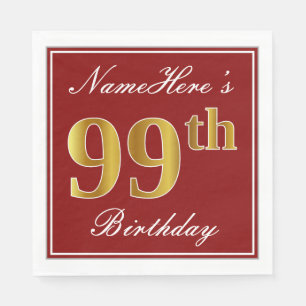 Serviette En Papier Elégant Rouge, Faux Gold 99e anniversaire + Nom pe