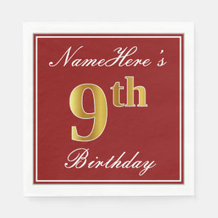 Serviette En Papier Elégant Rouge, Faux Gold 9e Anniversaire + Nom per