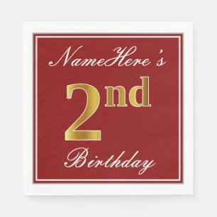 Serviette En Papier Elégant Rouge, Faux Or 2ème Anniversaire + Nom per