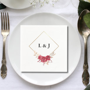Serviette En Papier Élégant Rouge Floral Mariage d'amorces or