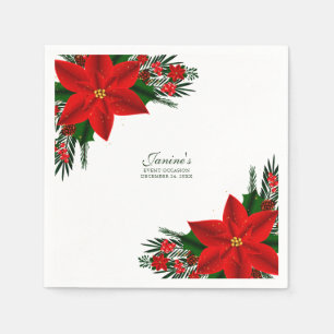 Serviette En Papier Élégant Rouge Floral Poinsettia Pine Feuilles