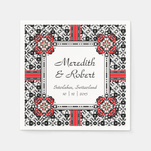 Serviette En Papier Elégant Rouge, Noir, Blanc Folk Mariage damassé