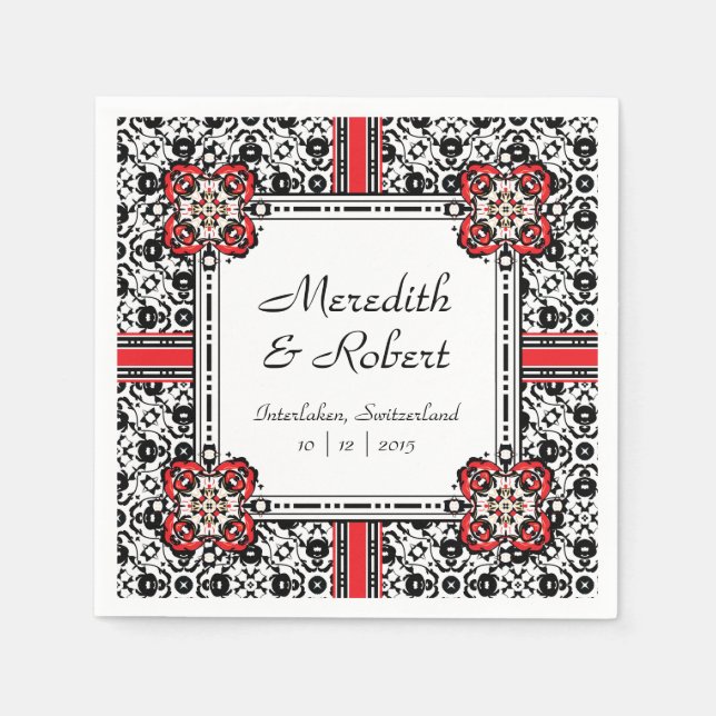 Serviette En Papier Elégant Rouge, Noir, Blanc Folk Mariage damassé (Devant)