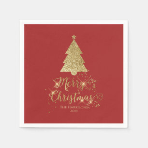 Serviette En Papier Élégant rouge or Joyeux Noël étincelant