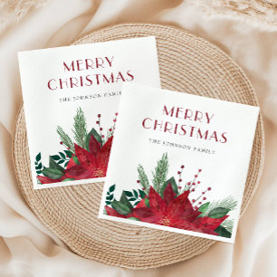 Serviette En Papier Élégant Rouge Poinsettia Joyeux Noël