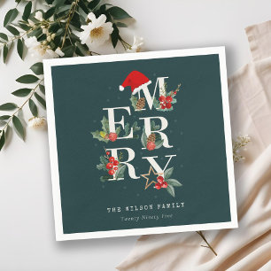 Serviette En Papier Élégant Rouge Vert Blanc Joyeux Noël Folio