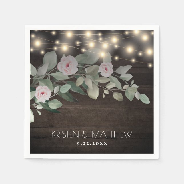 Serviette En Papier Elegant Rustic Wood Lights Boho Greenery Wedding (Devant)