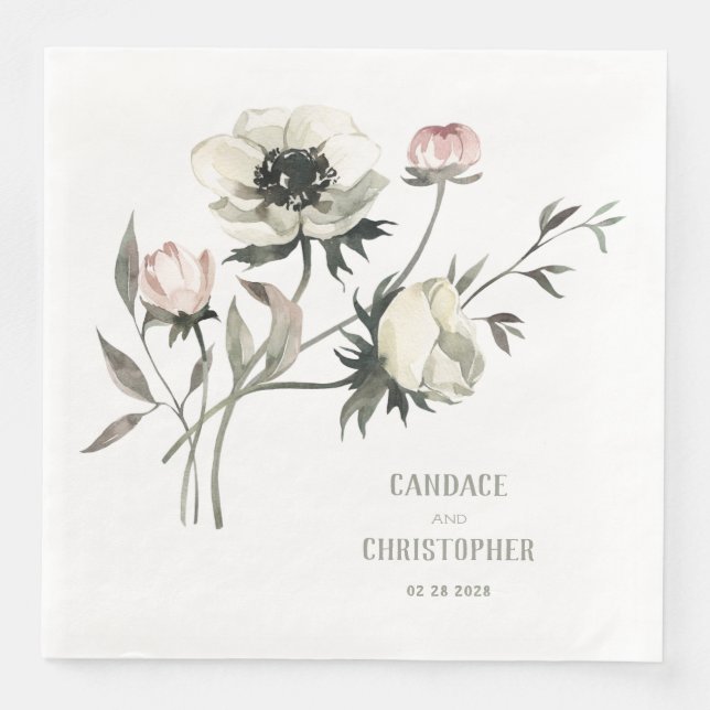 Serviette En Papier Élégant Rustique blanc Anémones Floral (Devant)