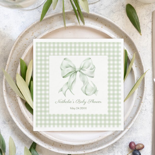 Serviette En Papier Elégant Sage Green Bow En vichy Baby shower (Créateur téléchargé)