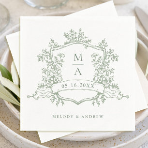 Serviette En Papier Élégant Sage Green Crest Floral Monogrammes Mariag