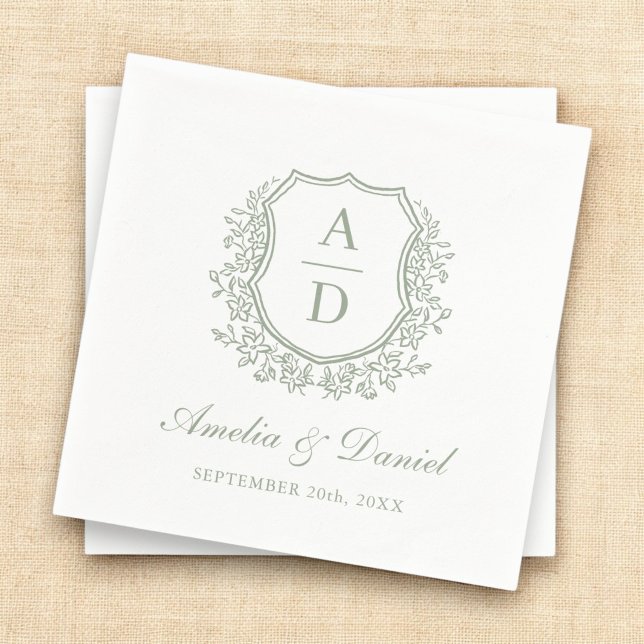 Serviette En Papier Élégant Sage Green Crest Monogram Mariage (Créateur téléchargé)