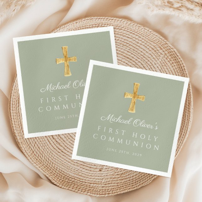 Serviette En Papier Elégant Sage Green Cross Première communion (Elegant Sage Green Cross First Communion Napkins)