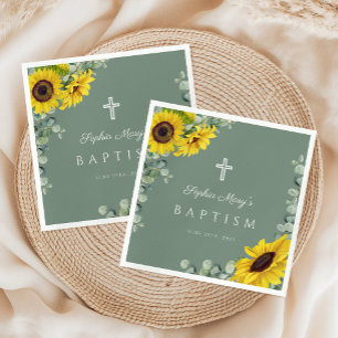 Serviette En Papier Élégant Sage Green Floral Cross Baptême
