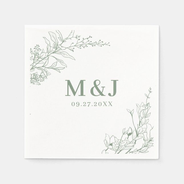 Serviette En Papier Elegant Sage Green Floral Wreath Monogram Wedding (Devant)