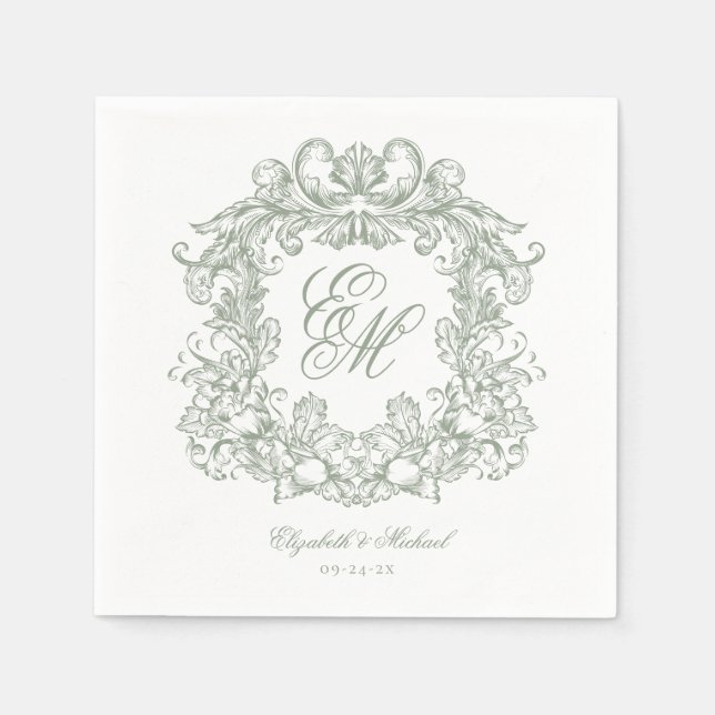 Serviette En Papier Elegant Sage Green Monogram Crest Script Wedding (Devant)