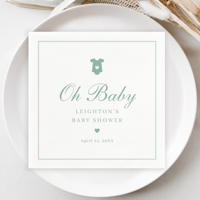 Serviette En Papier Élégant Sage Green Script Baby shower neutre (Elegant Sage Green Oh Baby Script Gender Neutral Baby Shower Napkins.)