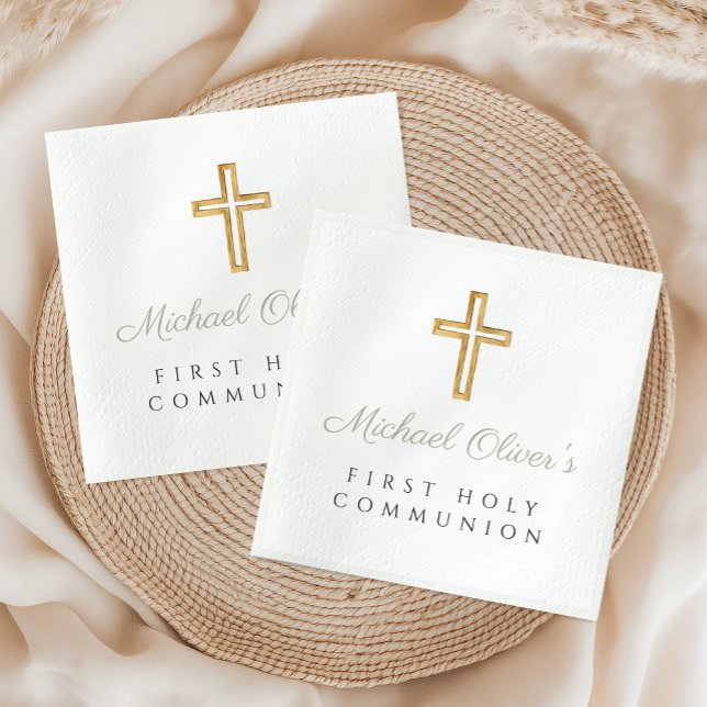 Serviette En Papier Élégant Sage Green Script Cross First Communion (Elegant Sage Green Script Cross First Communion Napkins)