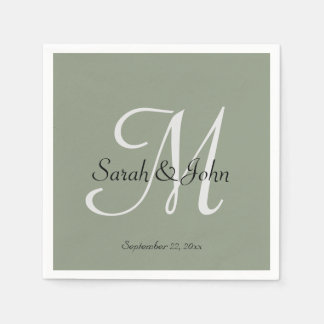 Serviette En Papier Elegant Sage Green Script Name Monogram Wedding 