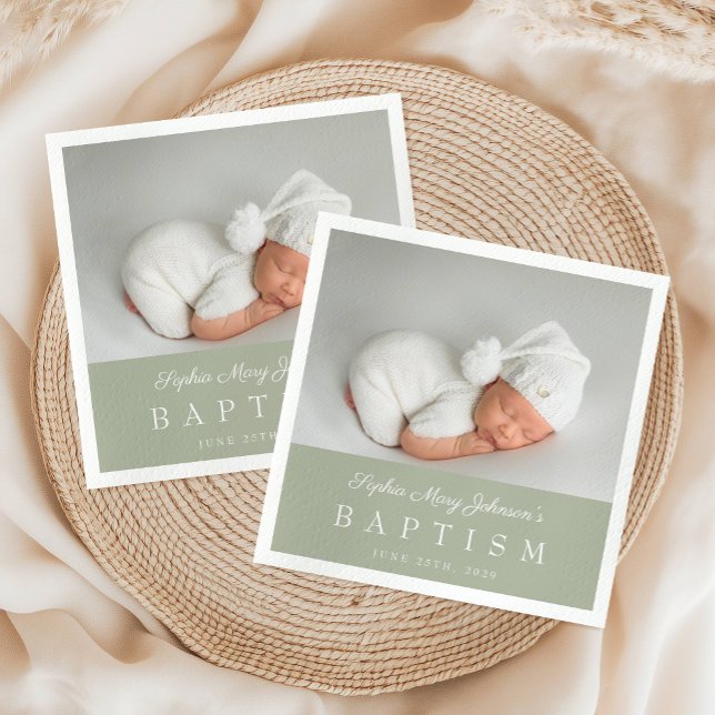 Serviette En Papier Élégant Sage Green Script Photo Baptême (Elegant Sage Green Script Photo Baptism Napkins)