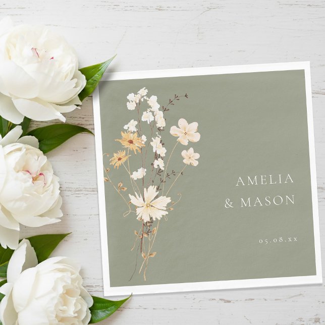 Serviette En Papier Elegant Sage Green Wildflower Bouquet Wedding  (Elegant Sage Green Wildflower Bouquet Wedding Napkins)