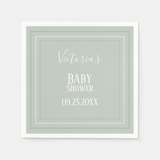 Serviette En Papier Elégant Sage Vert Blanc Baby shower moderne (Devant)
