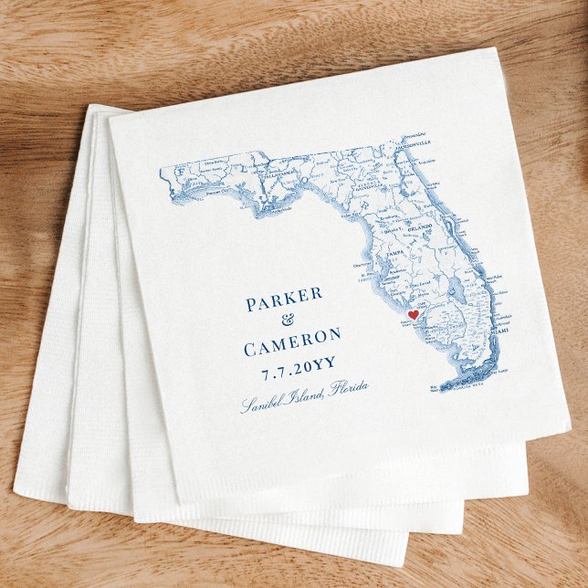 Serviette En Papier Elégant Sanibel Island Florida Carte Mariage (Elegant Sanibel Island Florida map Wedding Napkins in navy blue from Coastal Map Designs)