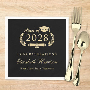 Serviette En Papier Élégant Script Black Gold Graduation Party