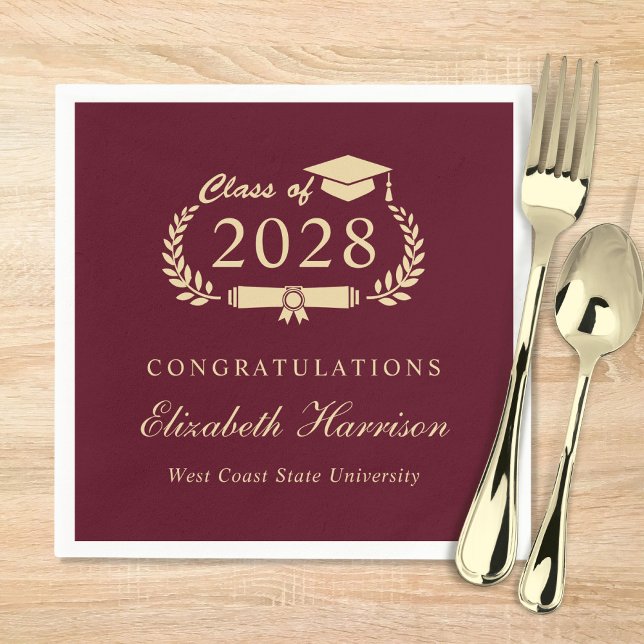 Serviette En Papier Élégant Script Bourgogne Red Gold Graduation (Créateur téléchargé)