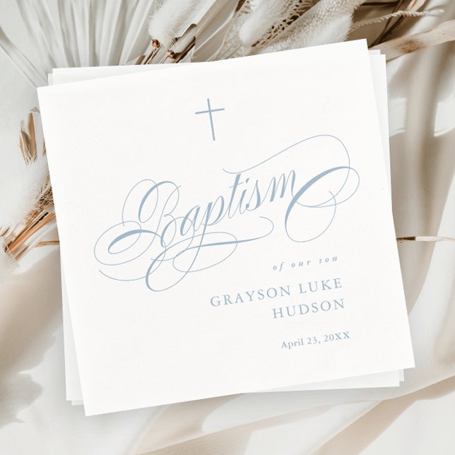 Serviette En Papier Élégant Script Calligraphie Dusty Blue Boys Baptêm (Elegant calligraphy dusty blue boys baptism napkins.)