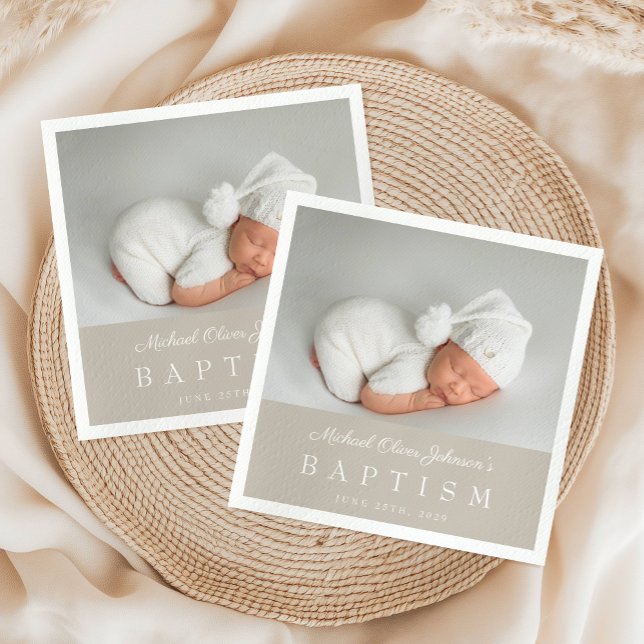 Serviette En Papier Élégant Script de Taupe Photo Baptême (Elegant Taupe Script Photo Baptism Napkins)