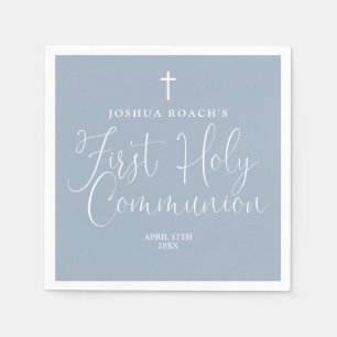 Serviette En Papier Élégant Script Dusty Blue First Holy Communion