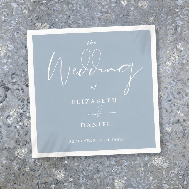 Serviette En Papier Élégant script moderne Mariage bleu poussiéreux (Elegant Modern Script Dusty Blue Wedding Napkins)