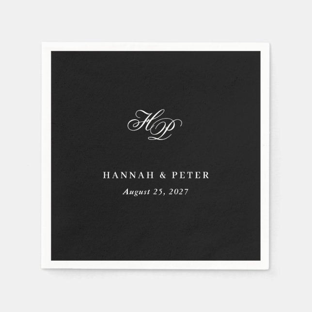 Serviette En Papier Élégant Script Monogramme Initiales Mariage noir (Devant)