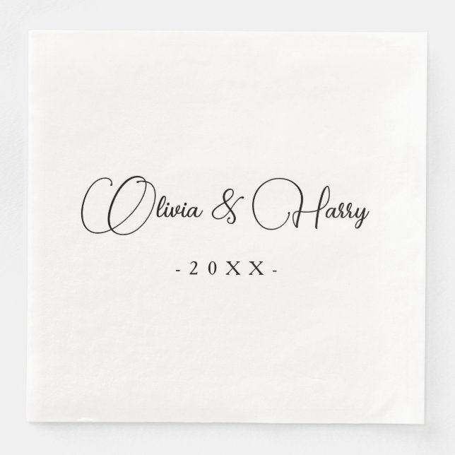 Serviette En Papier Élégant Script noir blanc Mariage papier Napkin (Devant)
