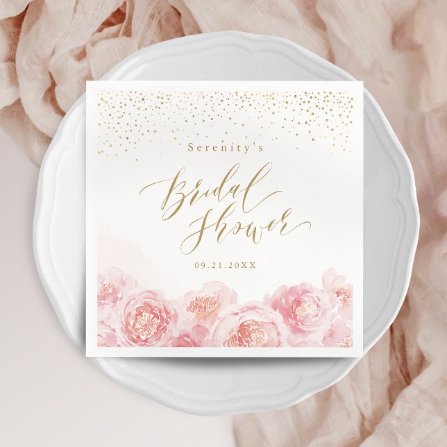 Serviette En Papier Élégant script or et rose floreale pour une douche (Elegant script gold & blush floral bridal shower napkins)